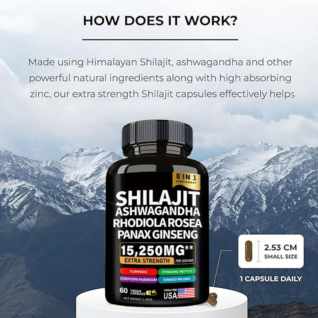 💪 Cápsulas Shilajit Ashwagandha 8 en 1 🌿 – Energía, Vitalidad y Bienestar Total