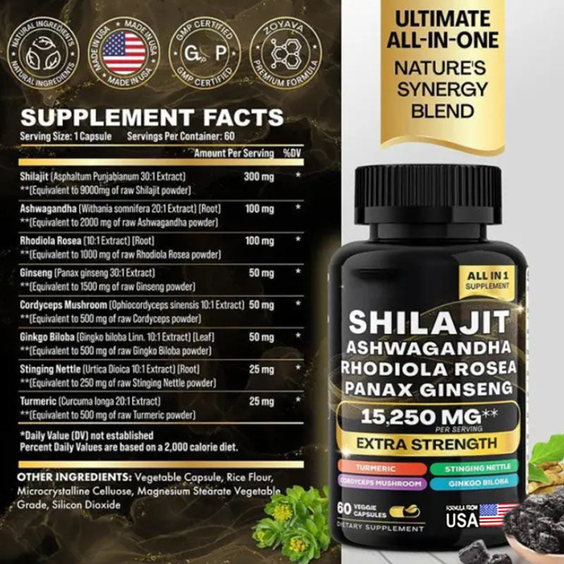 💪 Cápsulas Shilajit Ashwagandha 8 en 1 🌿 – Energía, Vitalidad y Bienestar Total