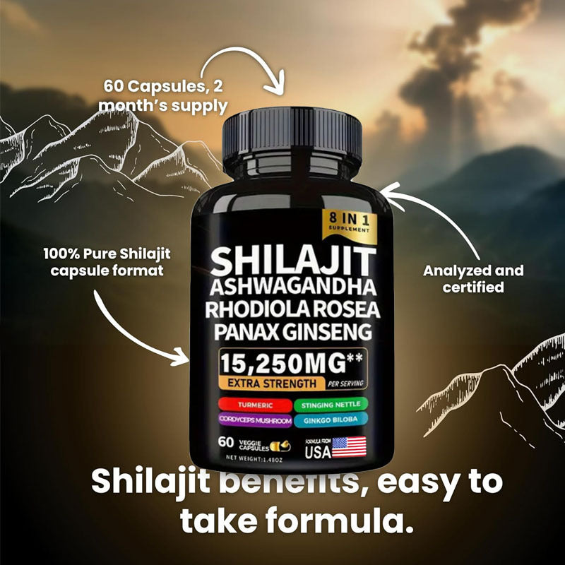 💪 Cápsulas Shilajit Ashwagandha 8 en 1 🌿 – Energía, Vitalidad y Bienestar Total