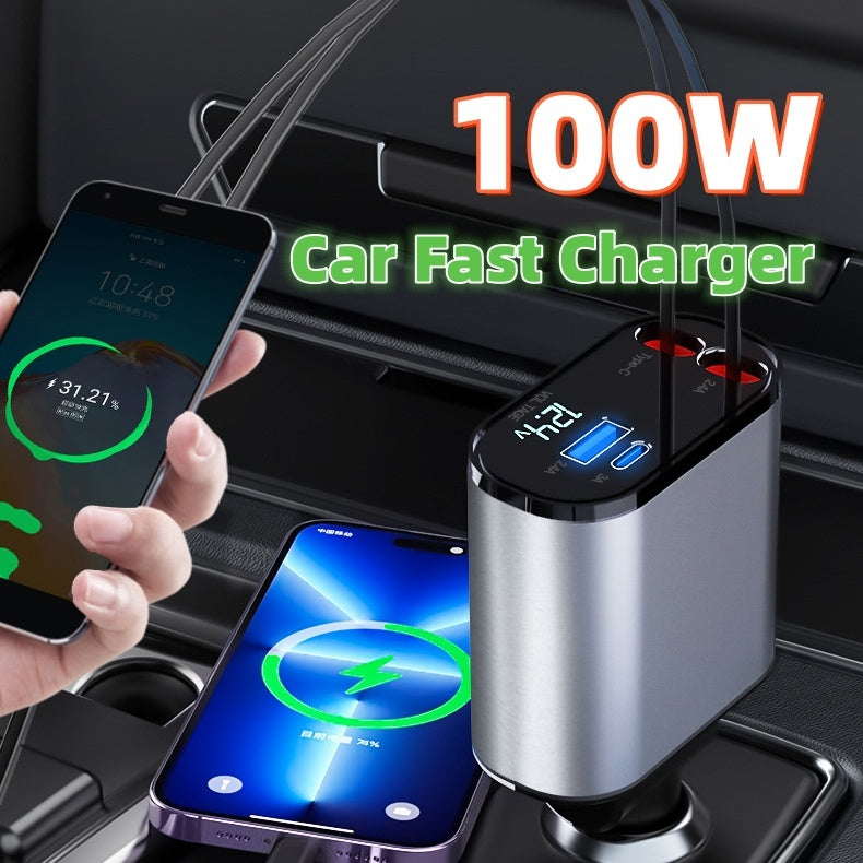 🚗⚡ Cargador de Coche Metálico 100W – Súper Carga Rápida USB & Type-C 🔋✨