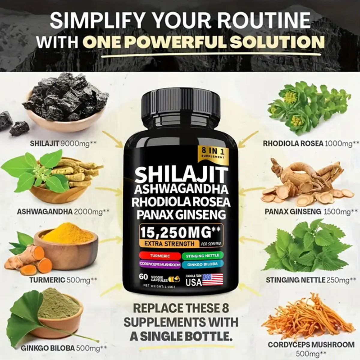 💪 Cápsulas Shilajit Ashwagandha 8 en 1 🌿 – Energía, Vitalidad y Bienestar Total
