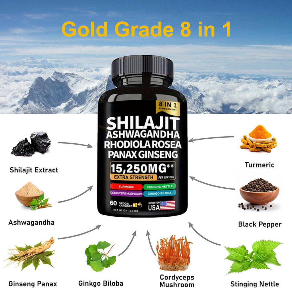 💪 Cápsulas Shilajit Ashwagandha 8 en 1 🌿 – Energía, Vitalidad y Bienestar Total