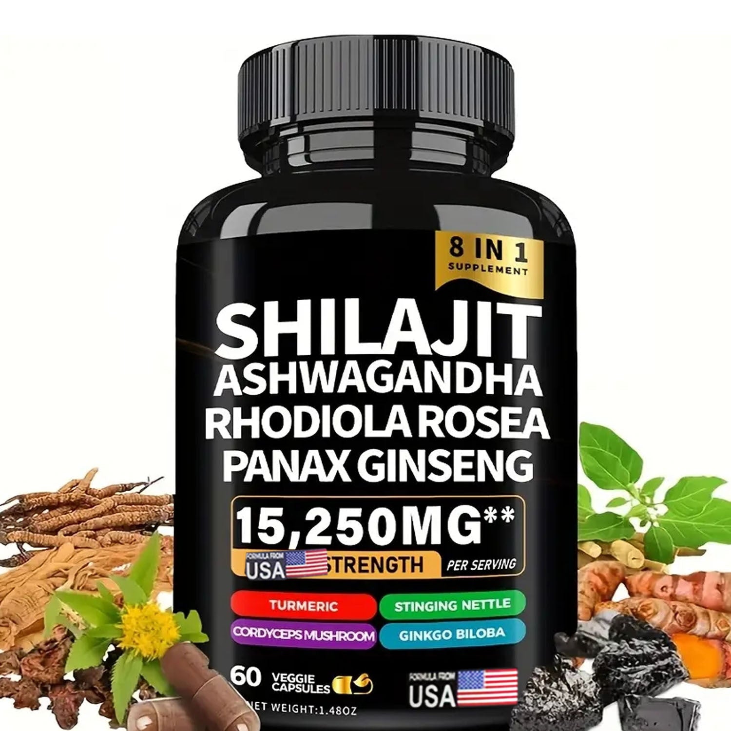 💪 Cápsulas Shilajit Ashwagandha 8 en 1 🌿 – Energía, Vitalidad y Bienestar Total